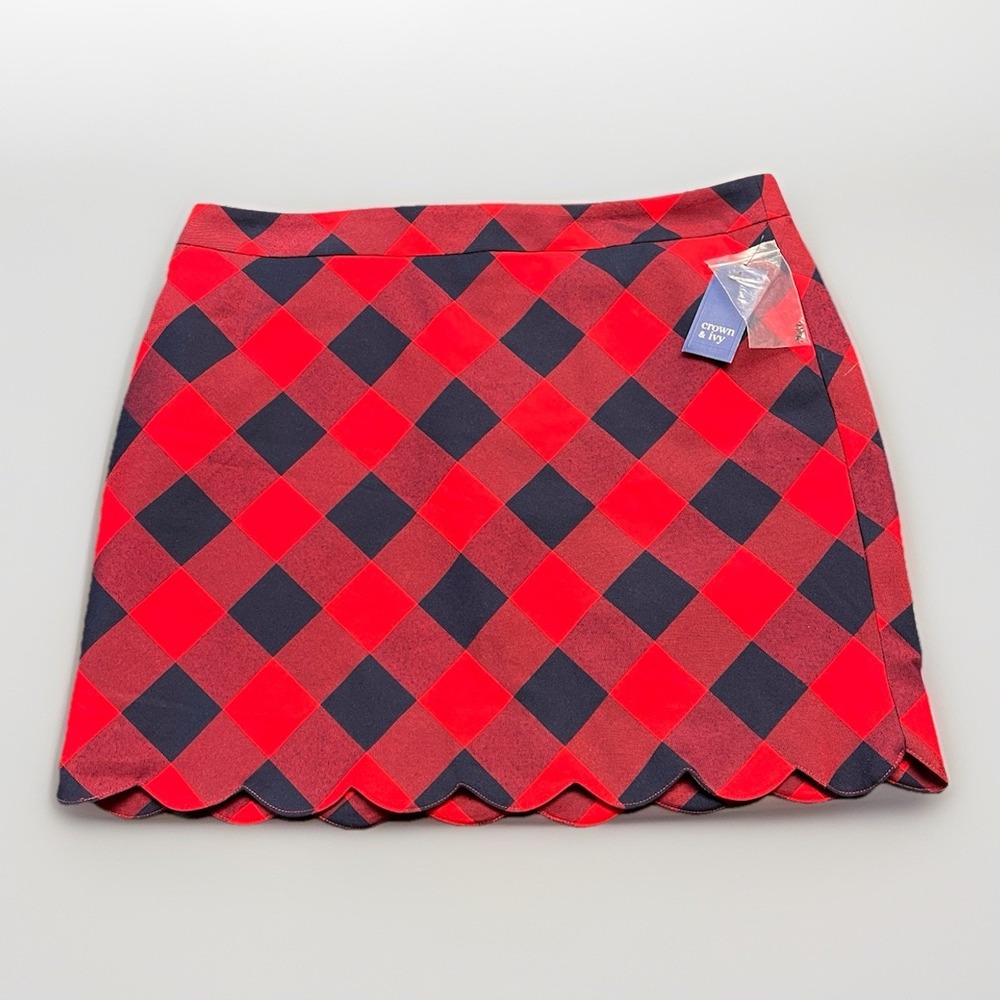 Crown & Ivy Skirt Women's 12‎ Red Navy Plaid Scalloped Hem NWT Belk